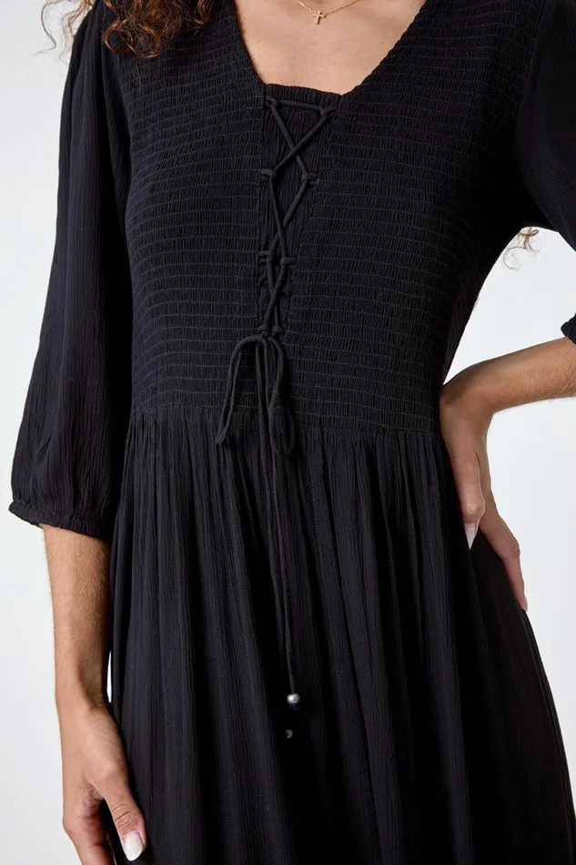 Black Lace Up Shirred Midi Dress Women Roman Dresses