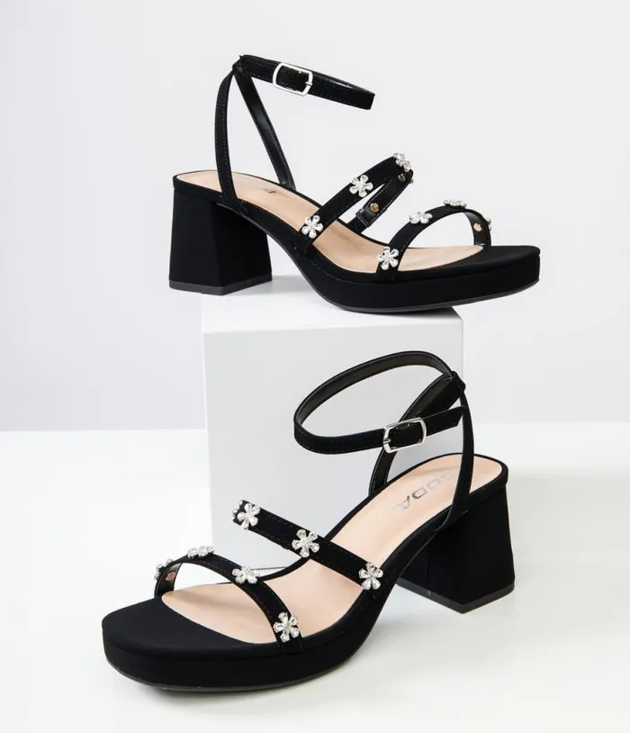 Black Leatherette and Rhinestone Floral Platform Heels Shoes Unique Vintage Sandals