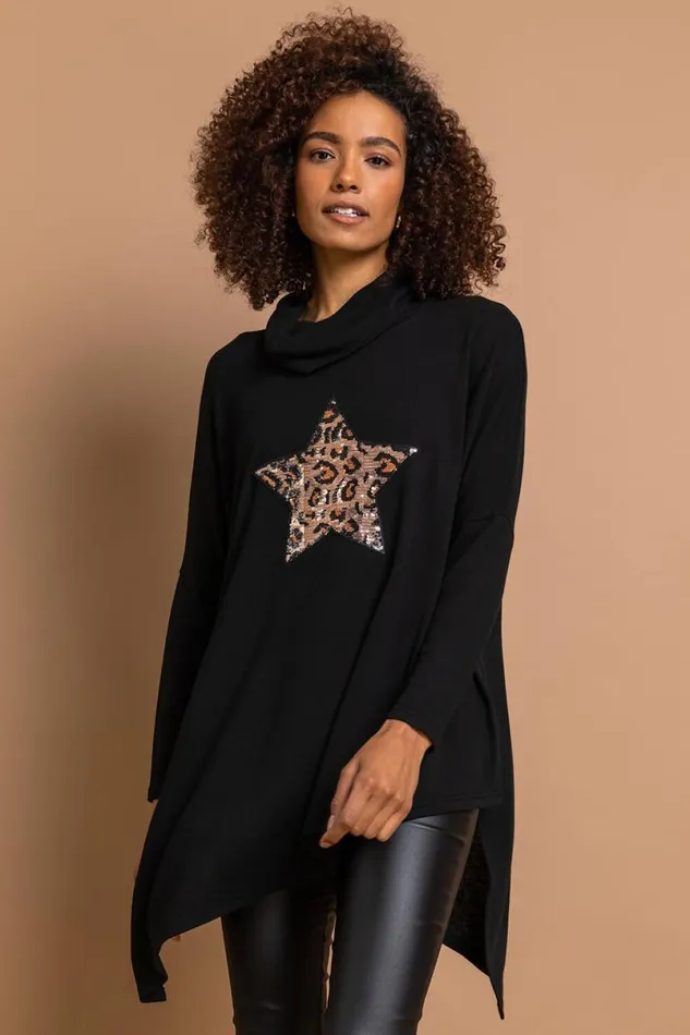 Black Leopard Print Sequin Detail Cowl Neck Tunic Top Women Roman Tops