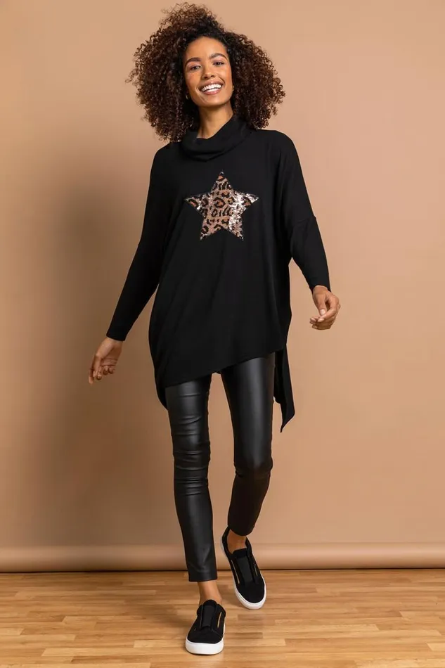 Black Leopard Print Sequin Detail Cowl Neck Tunic Top Women Roman Tops
