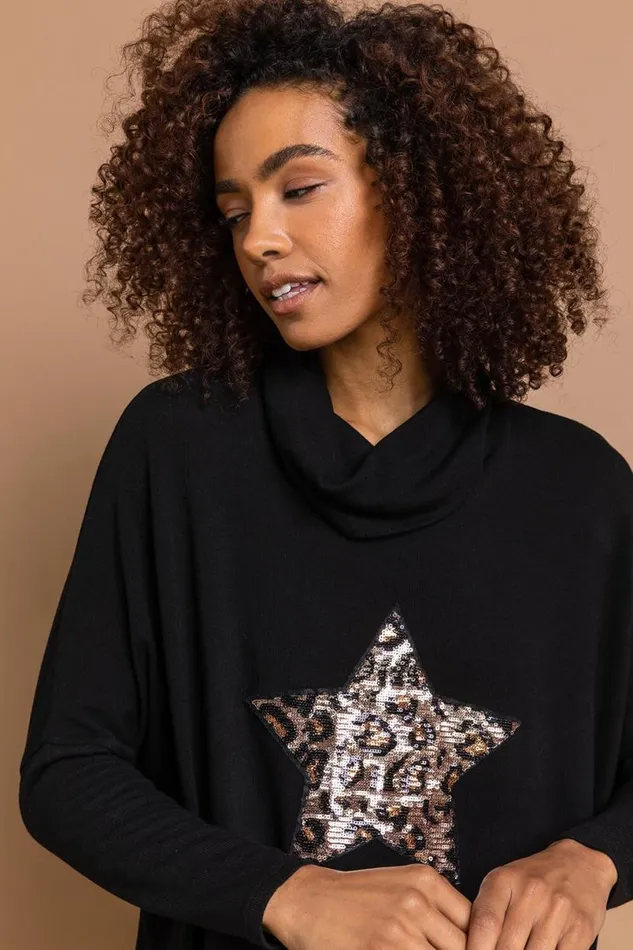 Black Leopard Print Sequin Detail Cowl Neck Tunic Top Women Roman Tops