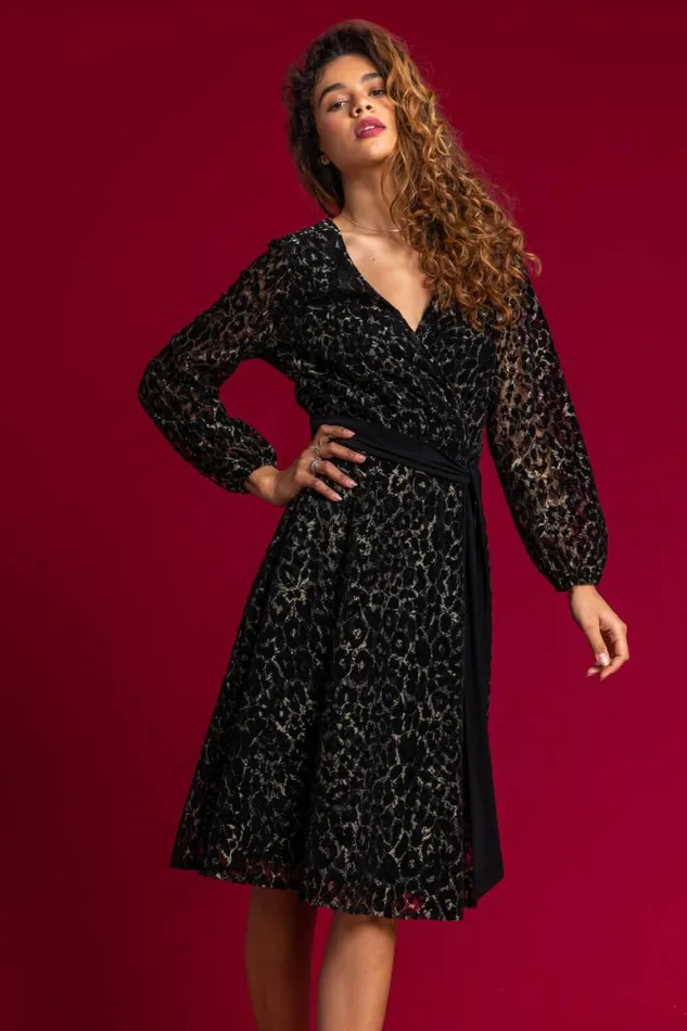 Black Leopard Print Shimmer Lace Wrap Skater Dress Women Roman Dresses