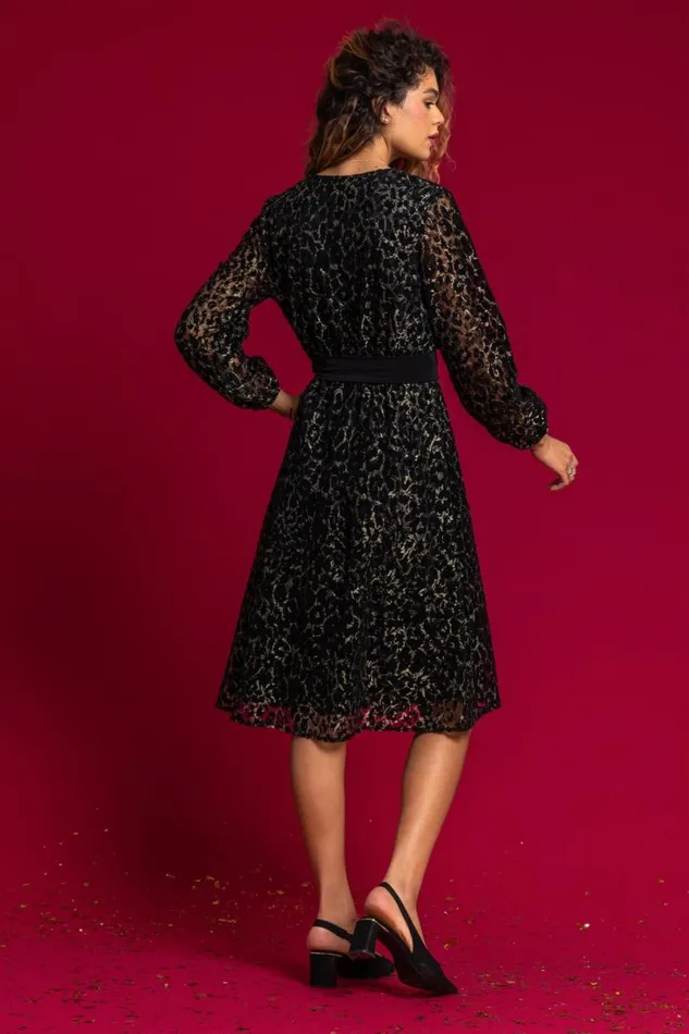 Black Leopard Print Shimmer Lace Wrap Skater Dress Women Roman Dresses