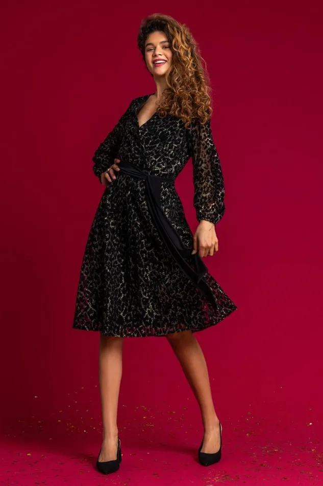 Black Leopard Print Shimmer Lace Wrap Skater Dress Women Roman Dresses