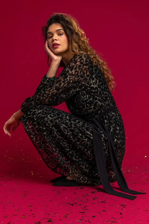 Black Leopard Print Shimmer Lace Wrap Skater Dress Women Roman Dresses