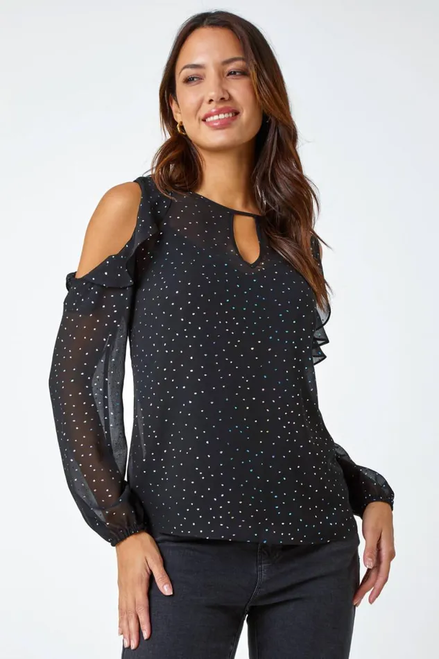 Black Metallic Spot Frill Detail Top Women Roman Tops