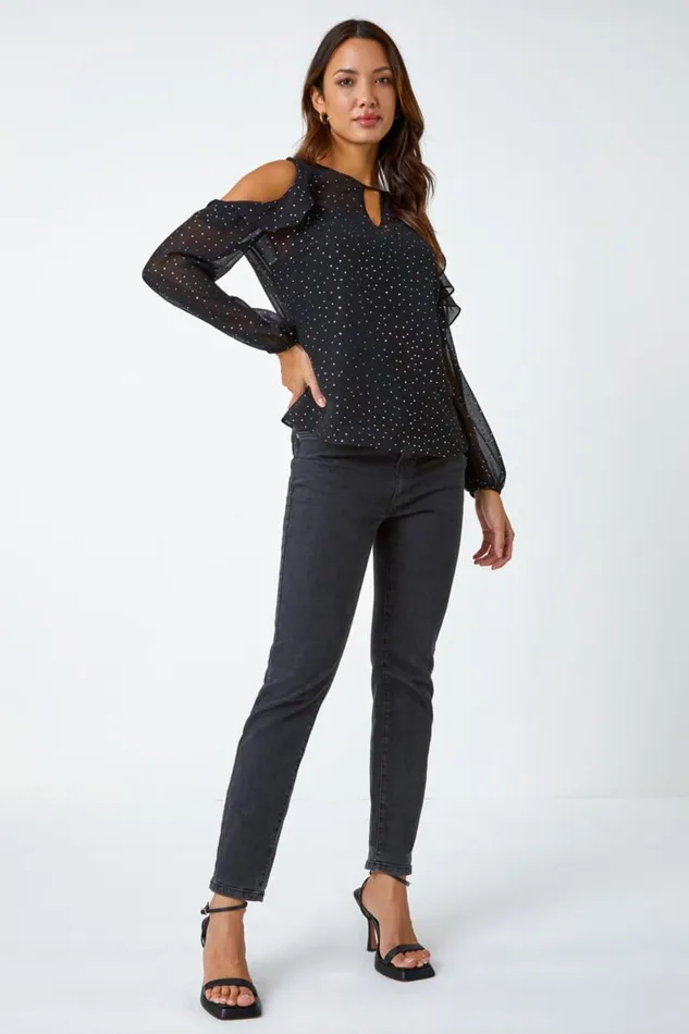 Black Metallic Spot Frill Detail Top Women Roman Tops