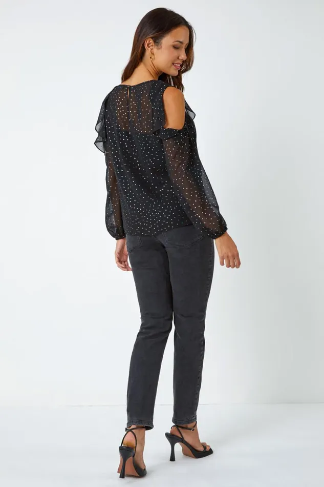 Black Metallic Spot Frill Detail Top Women Roman Tops