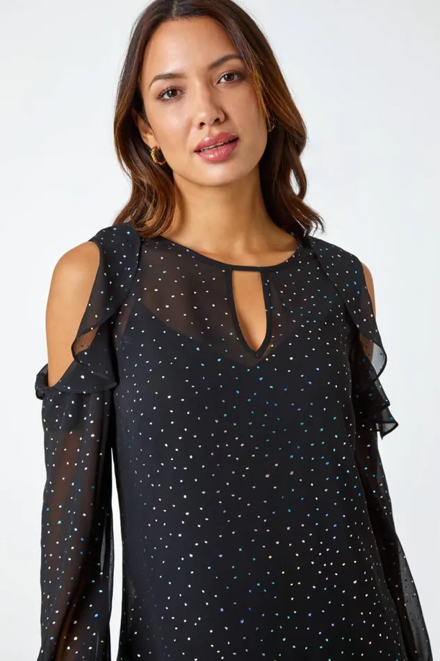 Black Metallic Spot Frill Detail Top Women Roman Tops