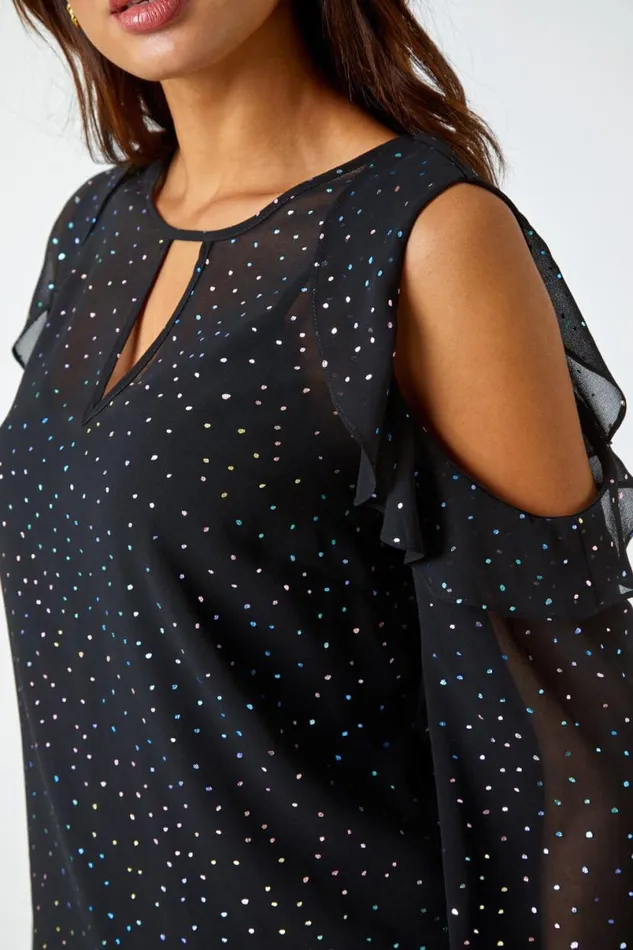 Black Metallic Spot Frill Detail Top Women Roman Tops