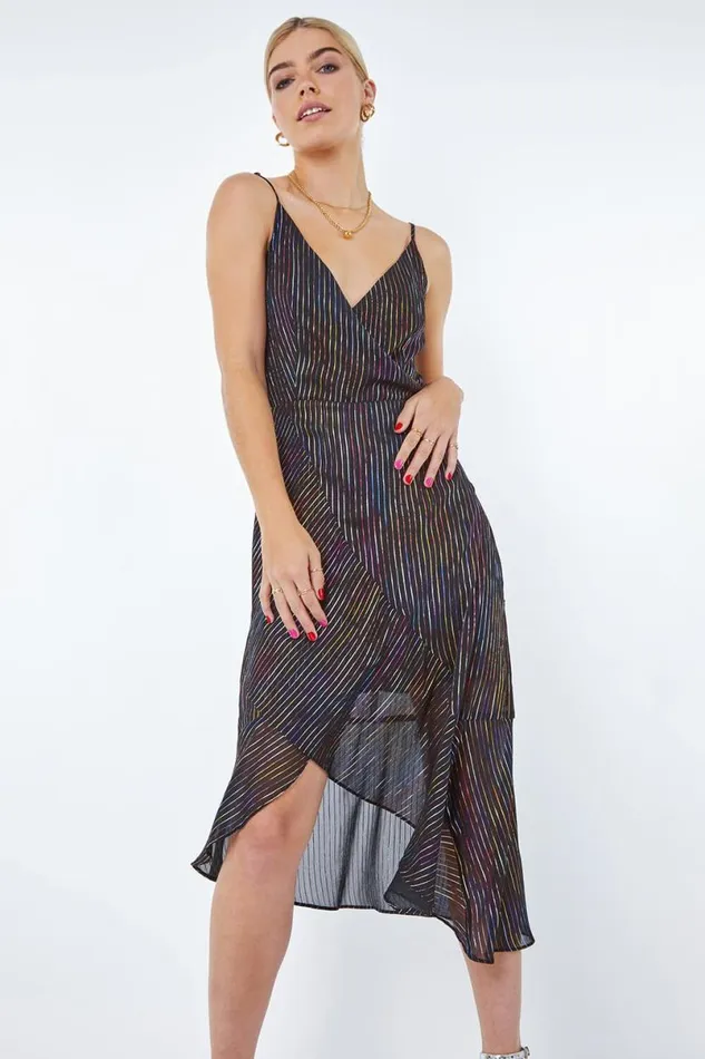 Black Metallic Stripe Frill Hem Midi Wrap Dress Women Roman Dresses
