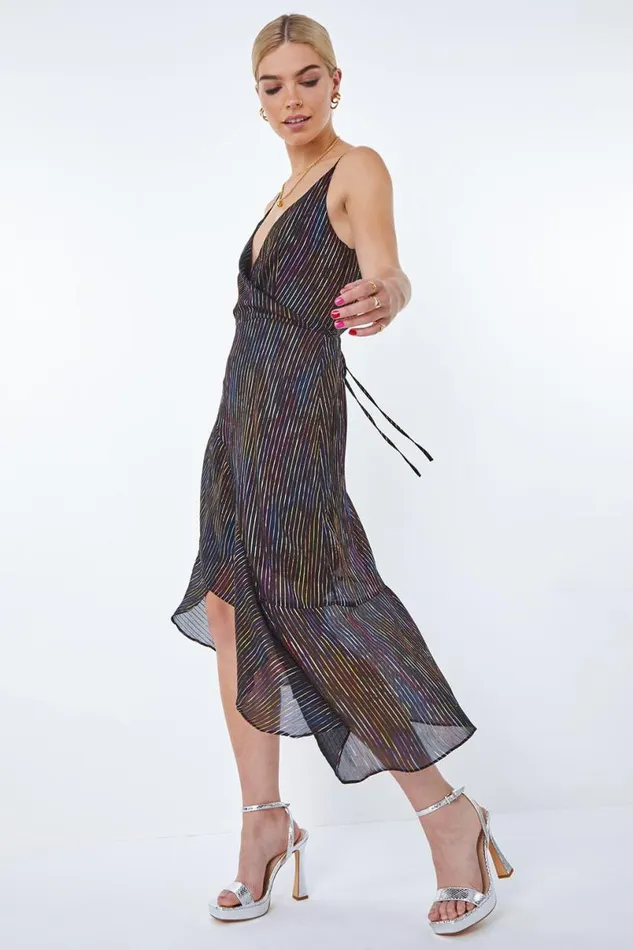 Black Metallic Stripe Frill Hem Midi Wrap Dress Women Roman Dresses