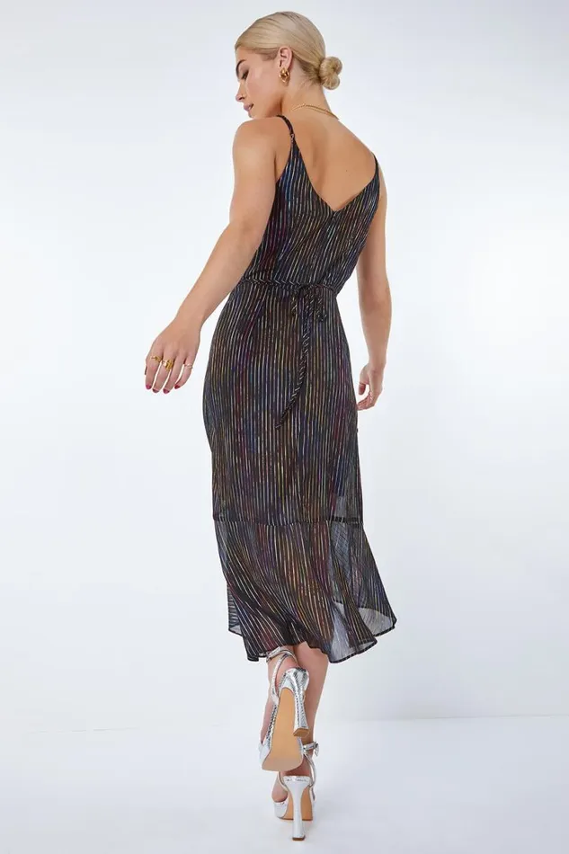 Black Metallic Stripe Frill Hem Midi Wrap Dress Women Roman Dresses