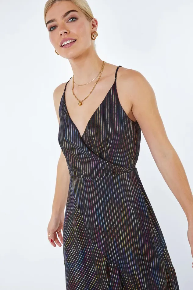 Black Metallic Stripe Frill Hem Midi Wrap Dress Women Roman Dresses