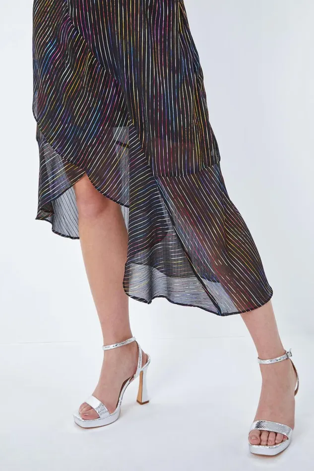 Black Metallic Stripe Frill Hem Midi Wrap Dress Women Roman Dresses