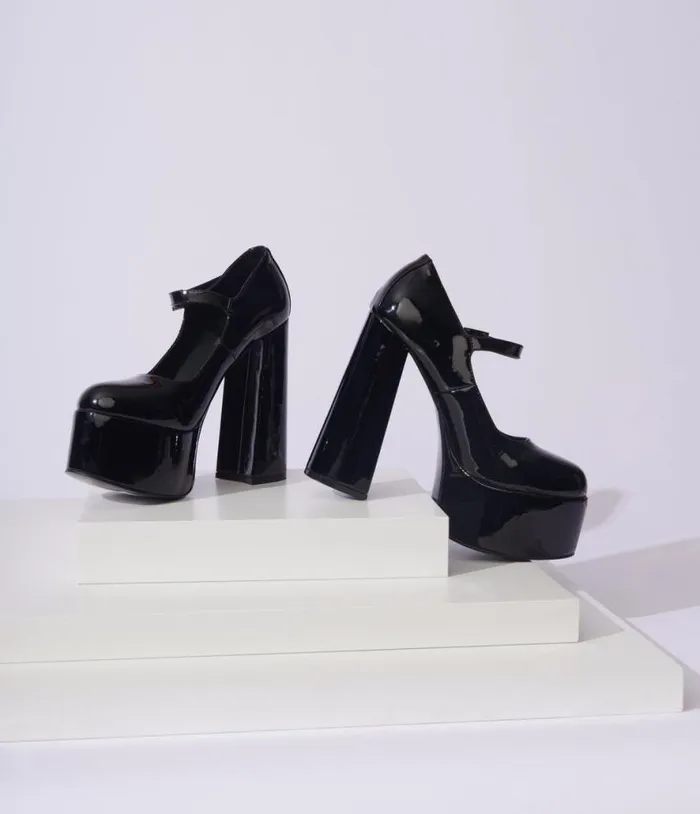 Black Patent Leatherette Platform Mary Jane Heels HalloweenShoes Unique Vintage Heels