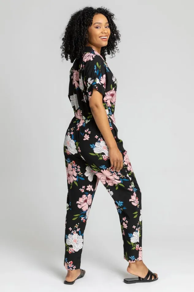 Black Petite Belted Floral Print Jumpsuit Women Roman Dresses