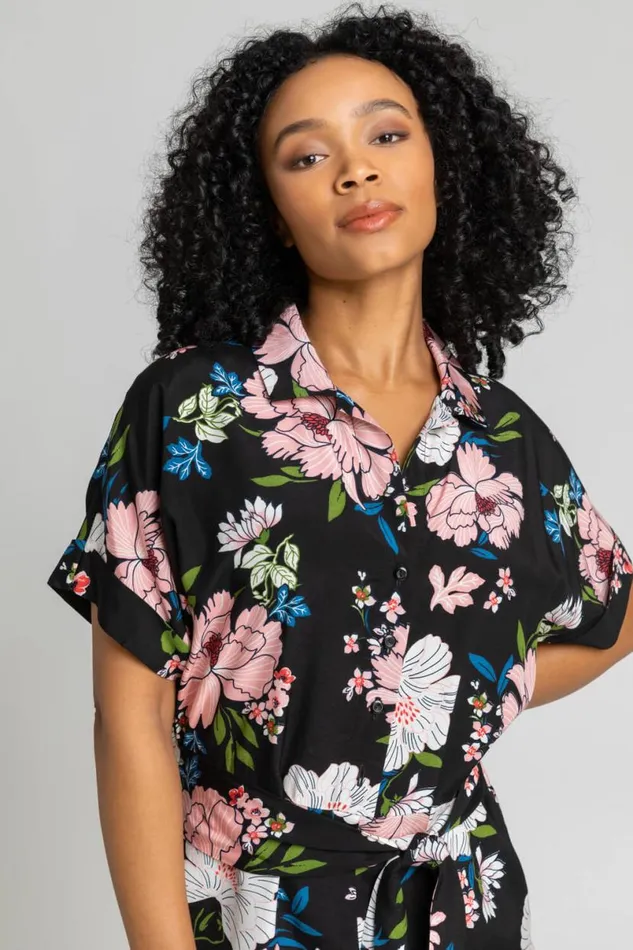 Black Petite Belted Floral Print Jumpsuit Women Roman Dresses