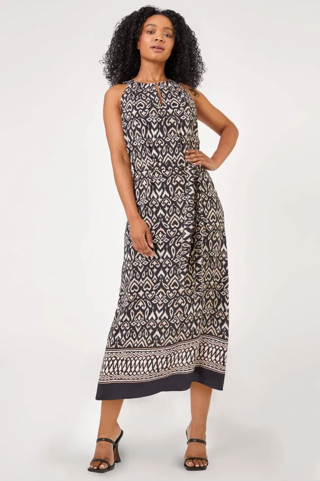 Black Petite Boho Border Print Halter Neck Dress Women Roman Dresses