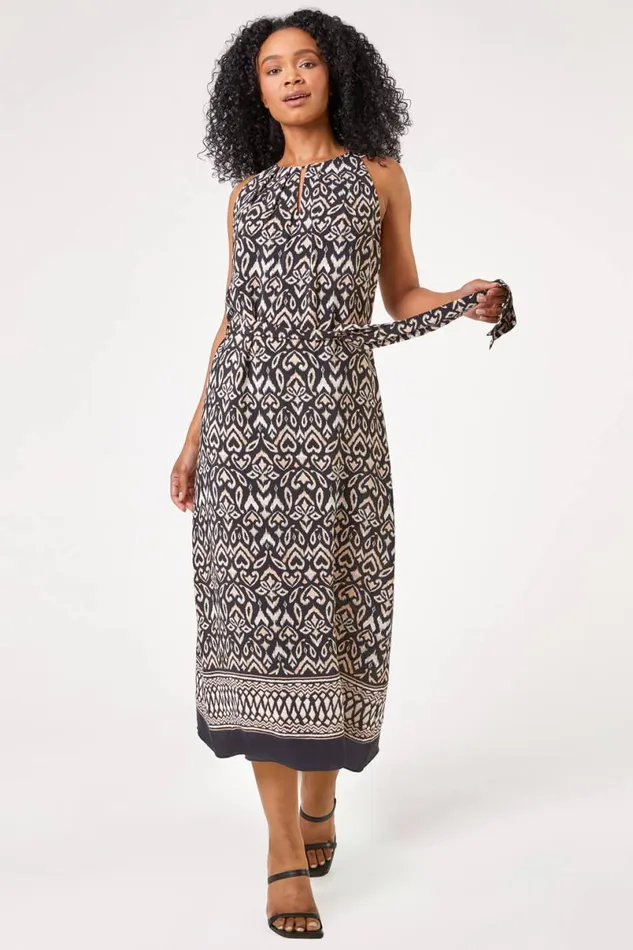 Black Petite Boho Border Print Halter Neck Dress Women Roman Dresses