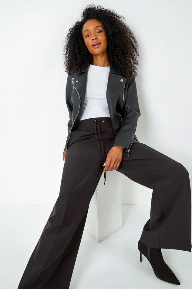 Black Petite Elastic Waist Wide Leg Trousers Women Roman Trousers