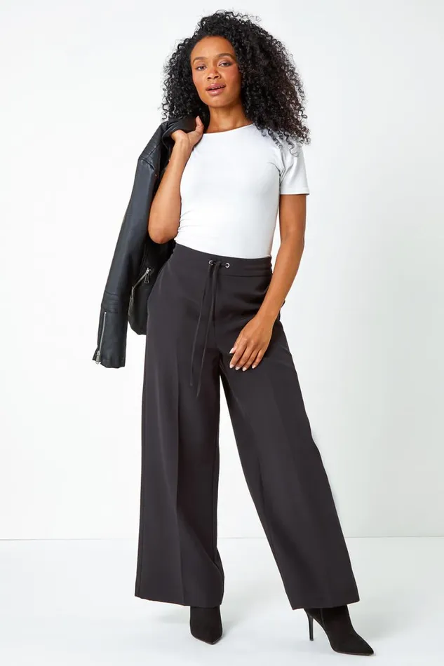 Black Petite Elastic Waist Wide Leg Trousers Women Roman Trousers