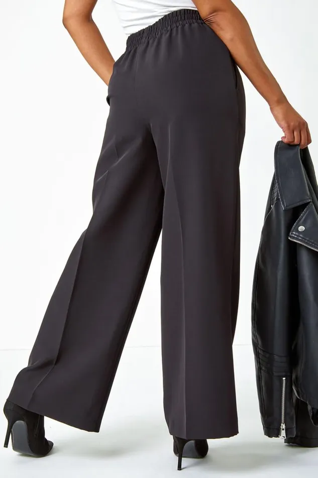 Black Petite Elastic Waist Wide Leg Trousers Women Roman Trousers