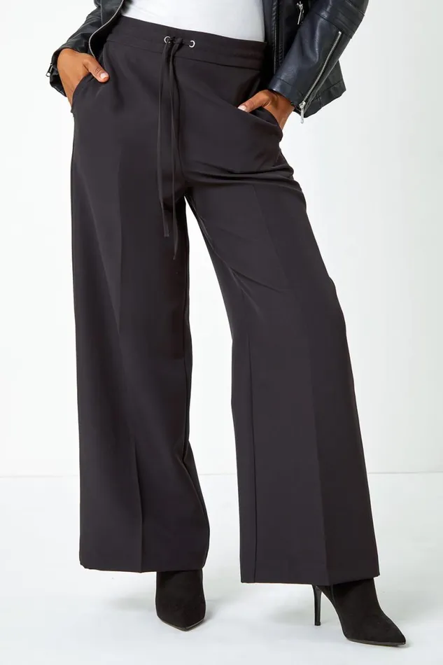 Black Petite Elastic Waist Wide Leg Trousers Women Roman Trousers