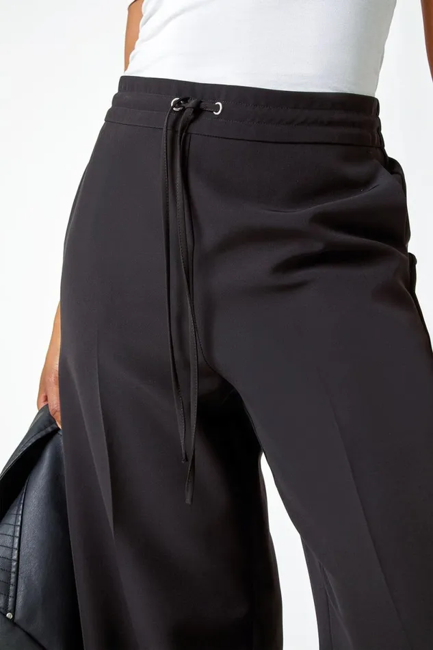 Black Petite Elastic Waist Wide Leg Trousers Women Roman Trousers