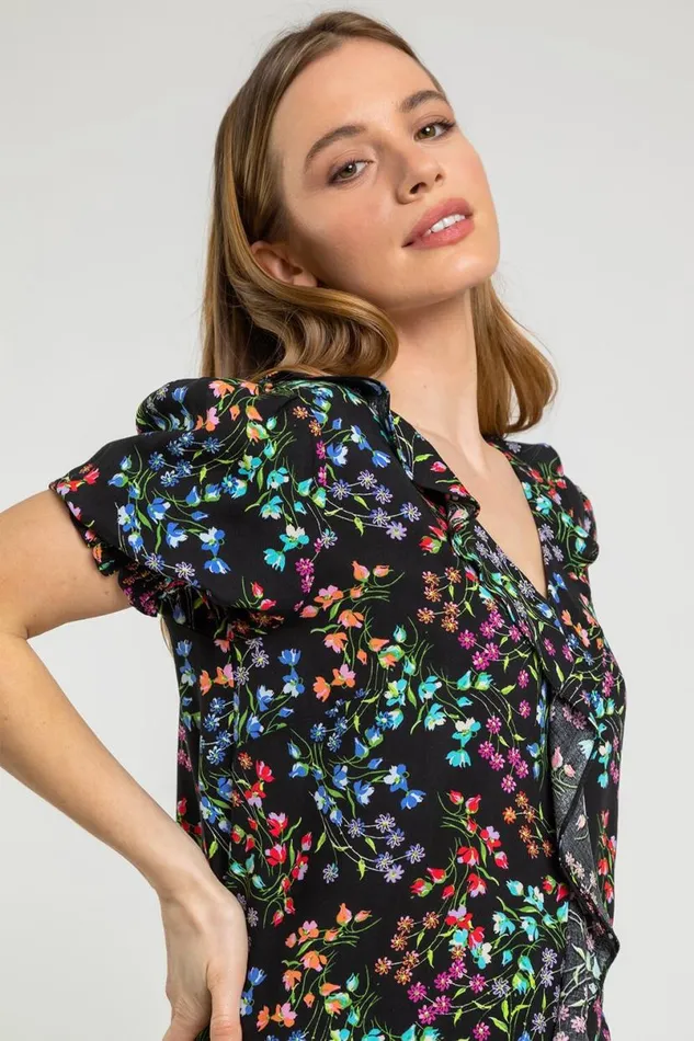Black Petite Floral Print Frill Detail Top Women Roman Tops