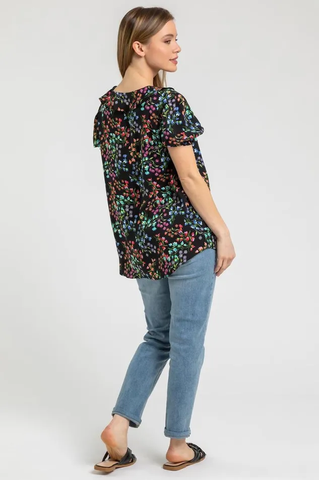 Black Petite Floral Print Frill Detail Top Women Roman Tops