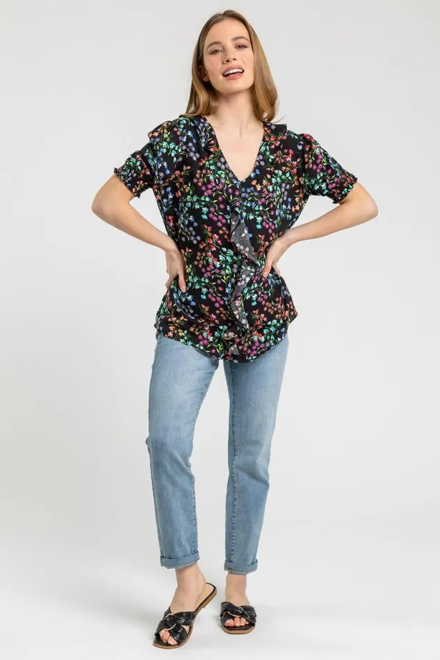 Black Petite Floral Print Frill Detail Top Women Roman Tops