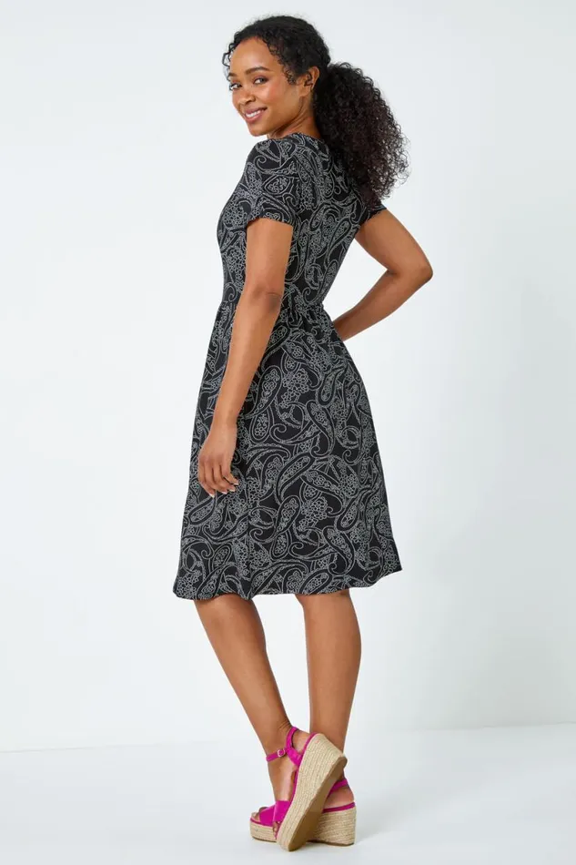 Black Petite Floral Stretch Pocket Dress Women Roman Dresses
