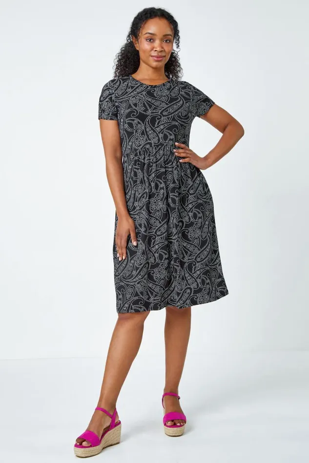 Black Petite Floral Stretch Pocket Dress Women Roman Dresses