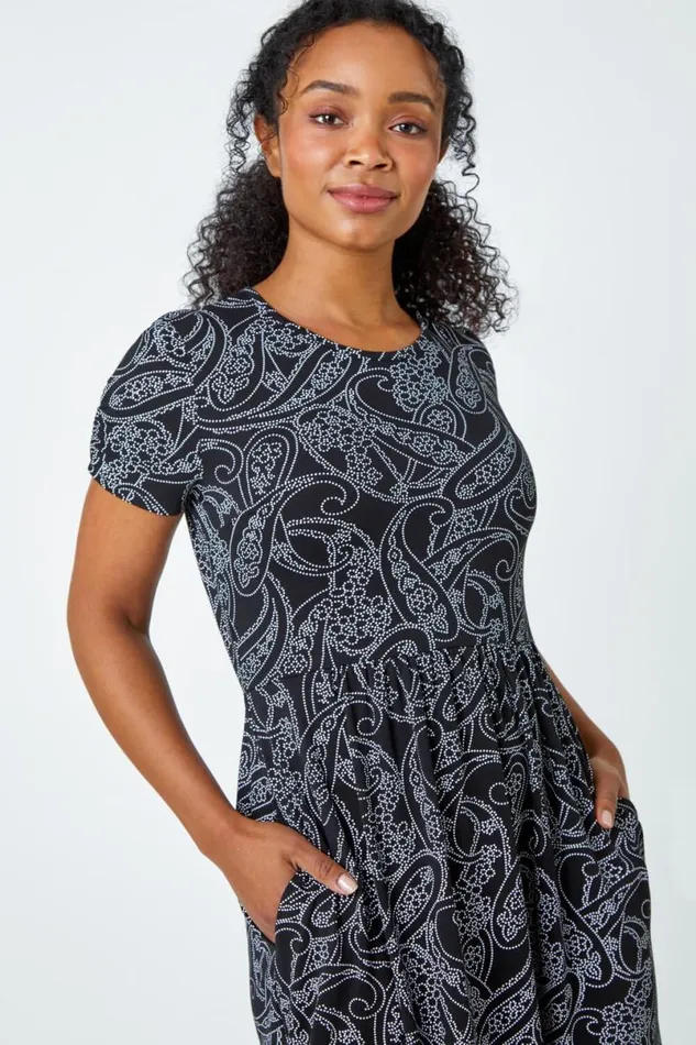 Black Petite Floral Stretch Pocket Dress Women Roman Dresses