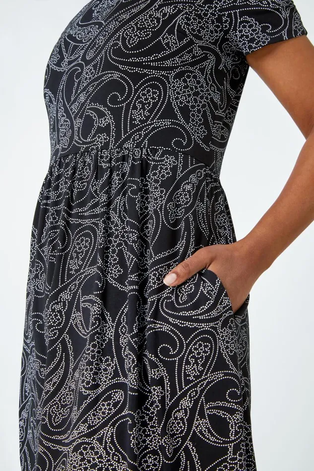 Black Petite Floral Stretch Pocket Dress Women Roman Dresses