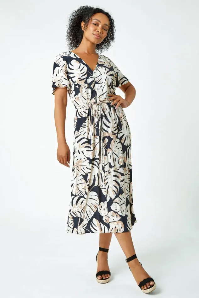 Black Petite Leaf Print Tie Waist Maxi Dress Women Roman Dresses