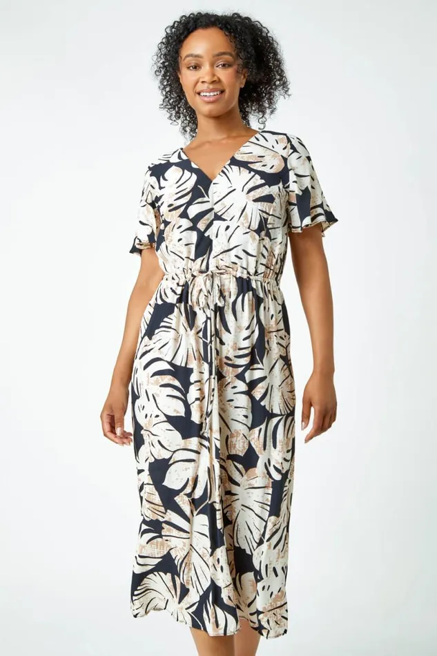 Black Petite Leaf Print Tie Waist Maxi Dress Women Roman Dresses