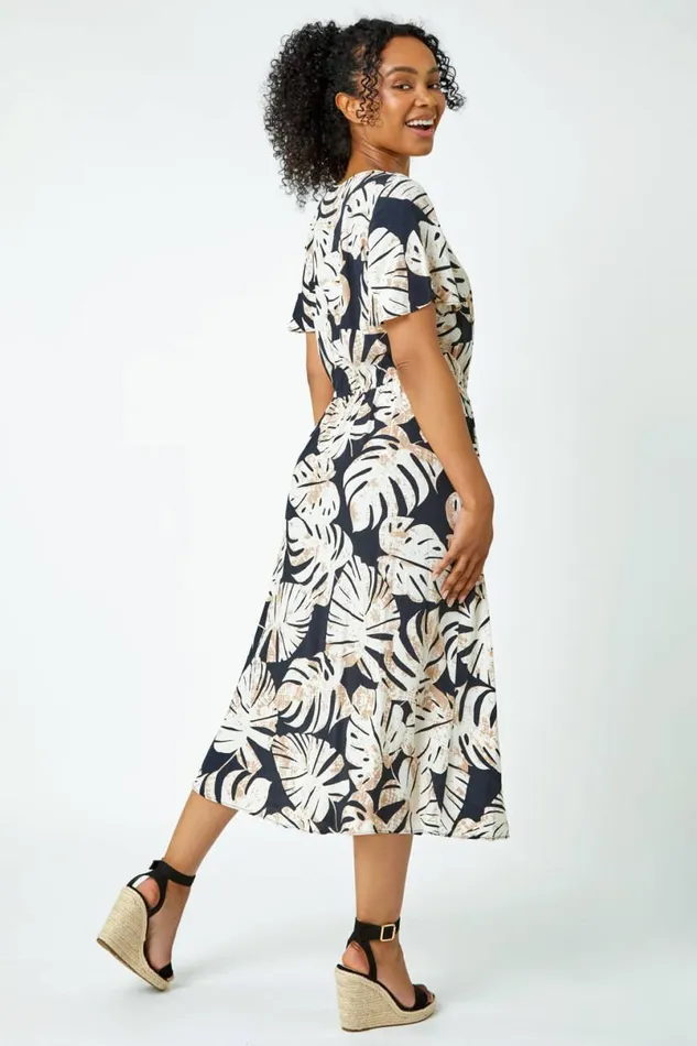 Black Petite Leaf Print Tie Waist Maxi Dress Women Roman Dresses