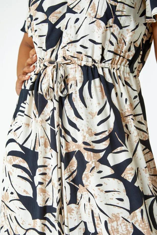 Black Petite Leaf Print Tie Waist Maxi Dress Women Roman Dresses