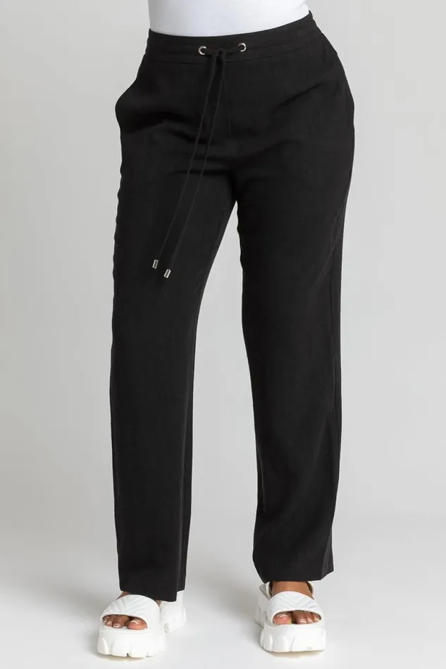 Black Petite Linen Elastic Waist Tie Front Trousers Women Roman Trousers