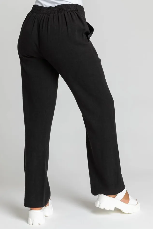 Black Petite Linen Elastic Waist Tie Front Trousers Women Roman Trousers