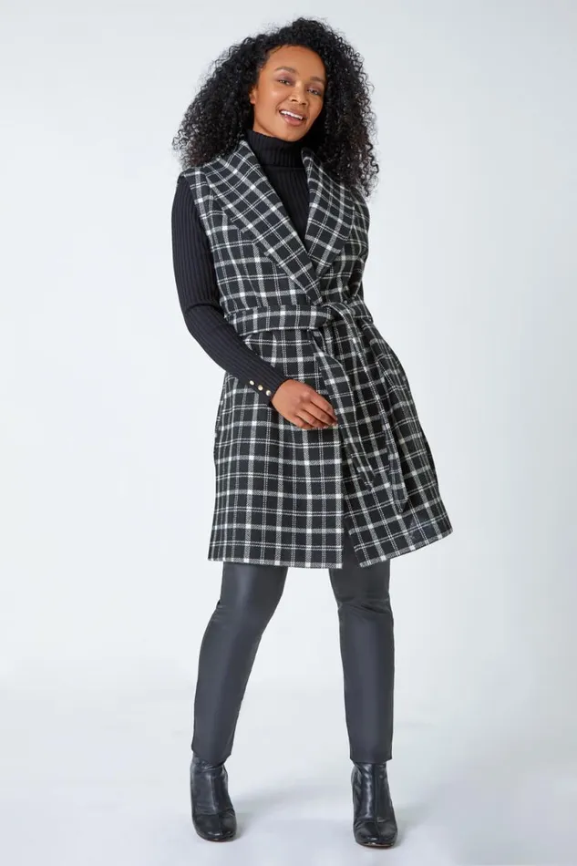 Black Petite Sleeveless Belted Check Coat Women Roman Jackets