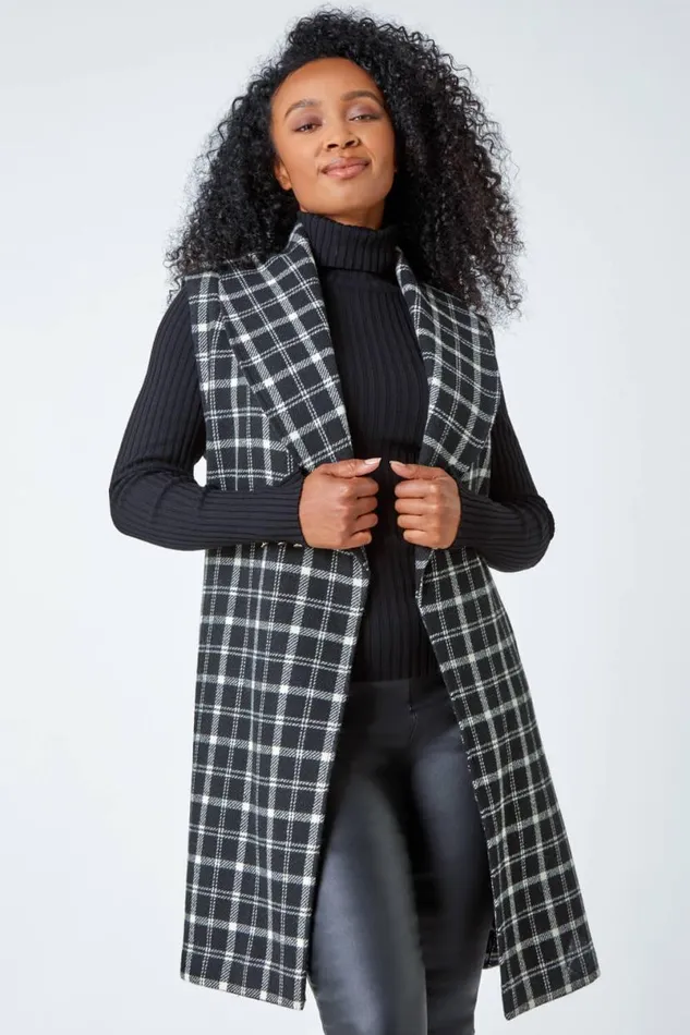 Black Petite Sleeveless Belted Check Coat Women Roman Jackets