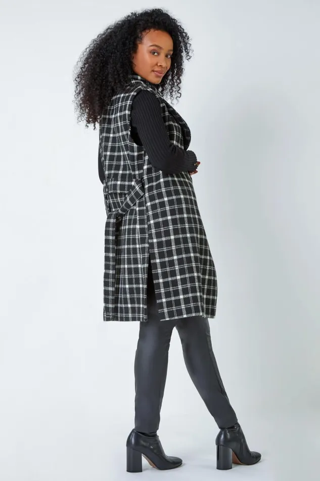 Black Petite Sleeveless Belted Check Coat Women Roman Jackets