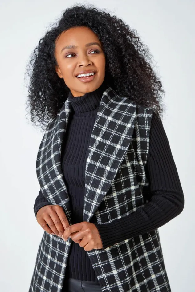 Black Petite Sleeveless Belted Check Coat Women Roman Jackets