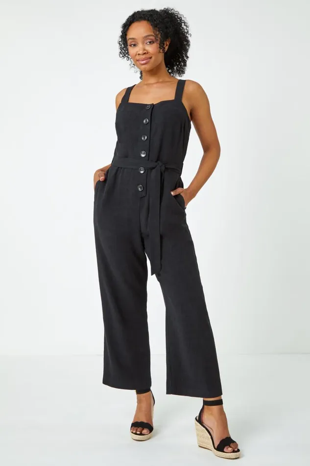 Black Petite Sleeveless Linen Blend Jumpsuit Women Roman Dresses