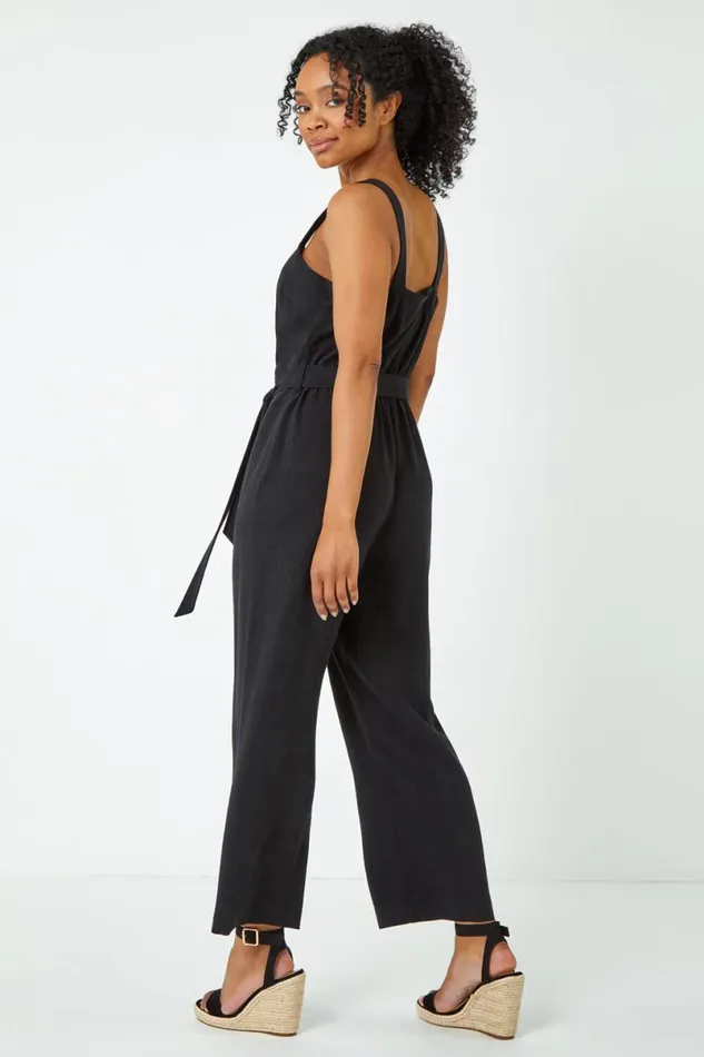 Black Petite Sleeveless Linen Blend Jumpsuit Women Roman Dresses