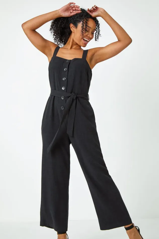 Black Petite Sleeveless Linen Blend Jumpsuit Women Roman Dresses