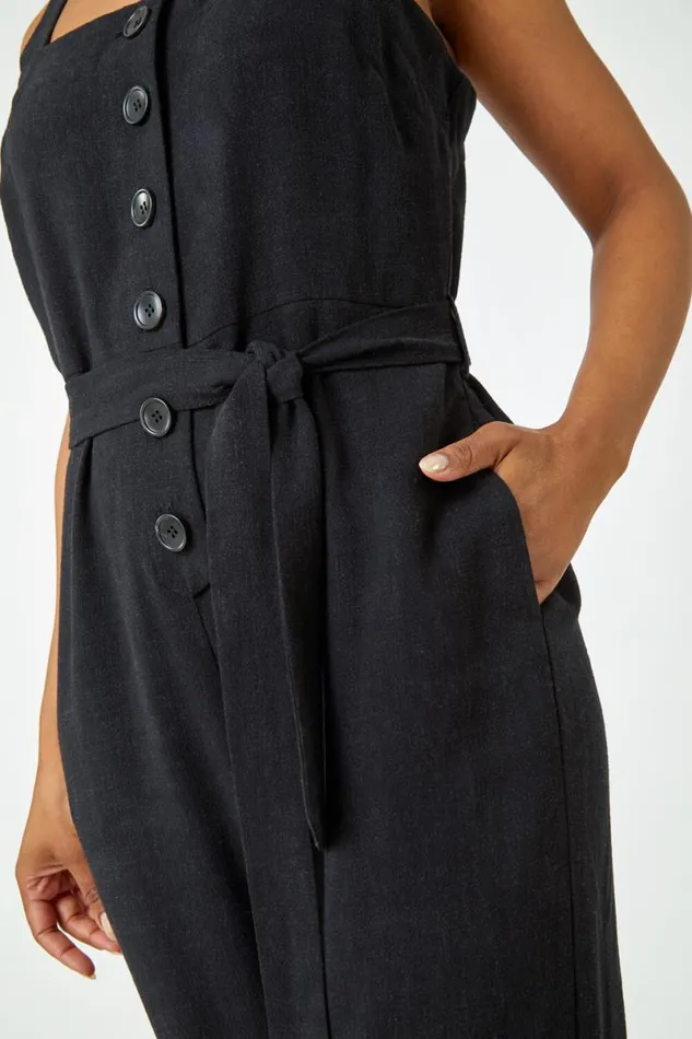 Black Petite Sleeveless Linen Blend Jumpsuit Women Roman Dresses